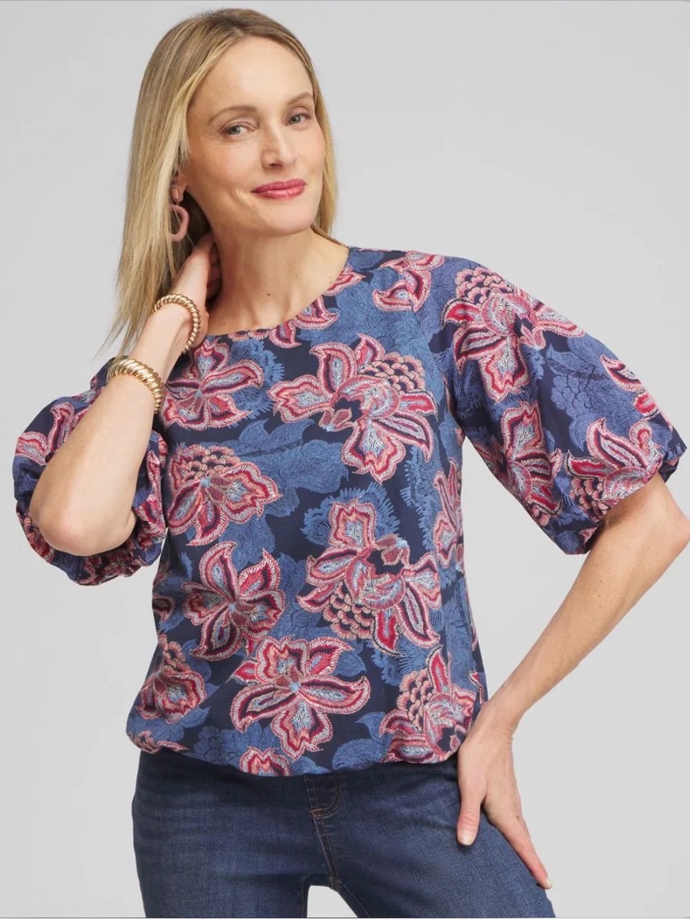 Chicos Floral Bubble Hem Top Women's Size 3 US XL Blue Pink Lined Ballon Sleeve